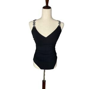 Gottex Profile black white rope weave back slimming one piece swim womens size 8